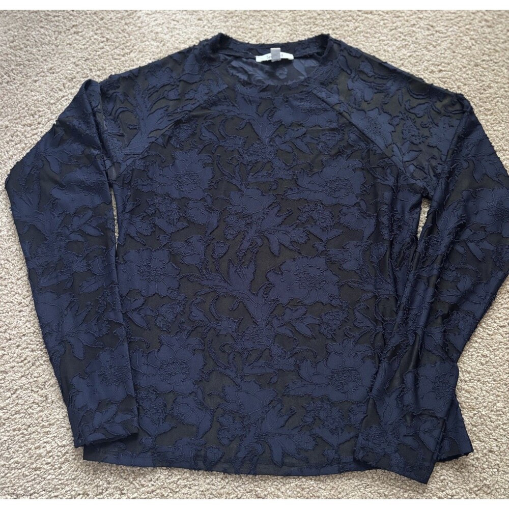 Splendid Sheer Navy Crew Neck Top Floral Design Minimalist Basic Capsule - Small